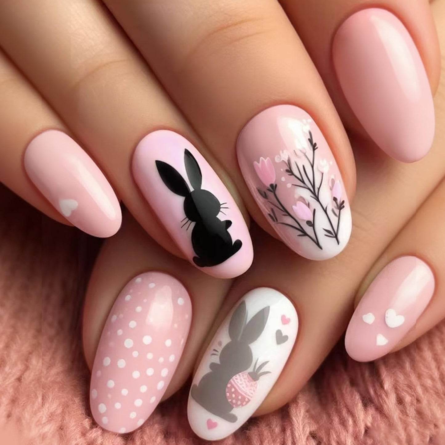 Flowers Easter Press on Nails Oval Shaped Artificial Acrylic Fingernails Nude Pink False Nails Black Rabbit Floral Spring Short Stick on Nail Full Cover Glossy Fake Nail for Women Festival Manicure