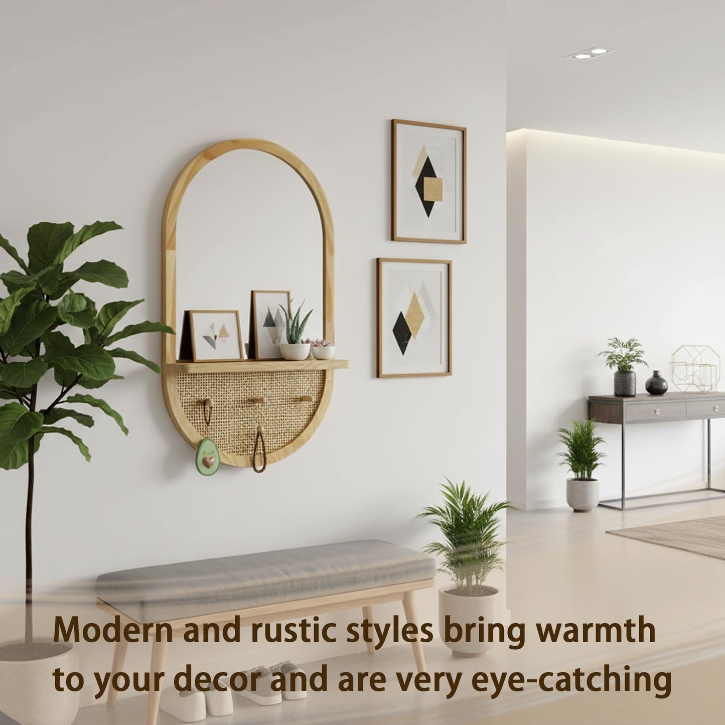 YXDXF Wood Wall Mirror with Hooks, 30x18 Inch Boho Wall Mirror with Removable Shelf, Oval Solid Wood Framed, Handmade Rattan Mirror Decor Accent for Entryway, Bathroom, Nursery, Bedroom, Living Room