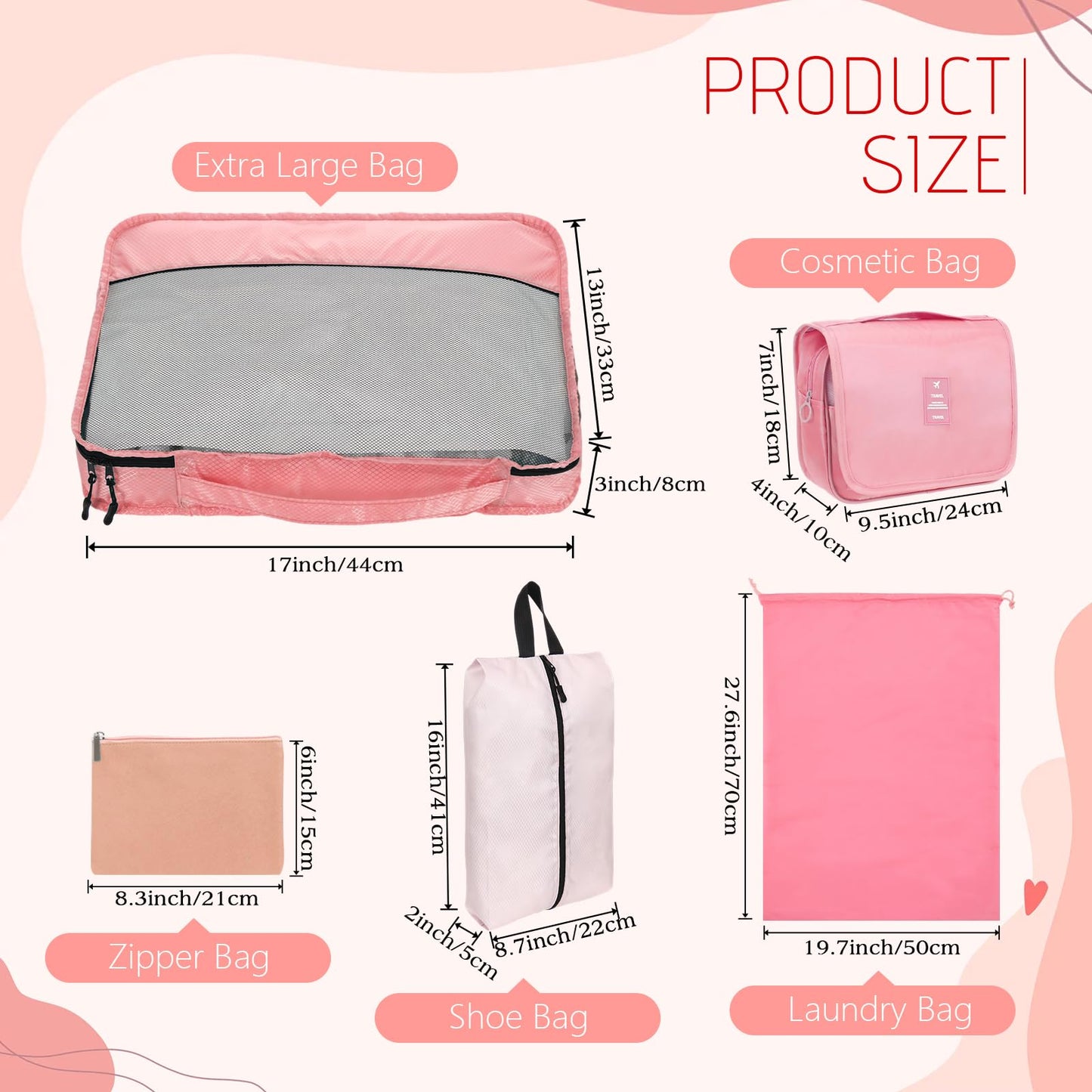 Bulyoou 9 Pcs Packing Cubes Set for Travel with Waterproof Clothing Cubes Toiletry Shoe Laundry Jewelry Bag for Women Men(Light Pink)