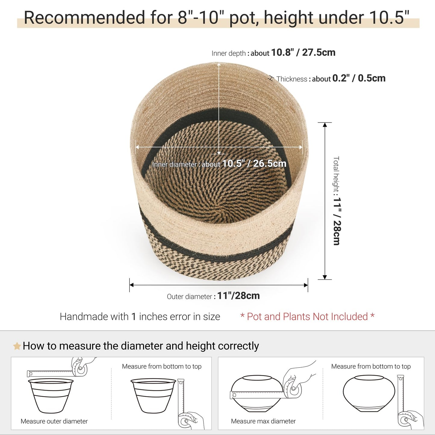 Dahey Jute Rope Plant Basket Modern Woven Storage Basket for 10.5" Indoor Planter, Decorative Flower Pots Cover Laundry Bin with Handle Rustic Home Decor, Black