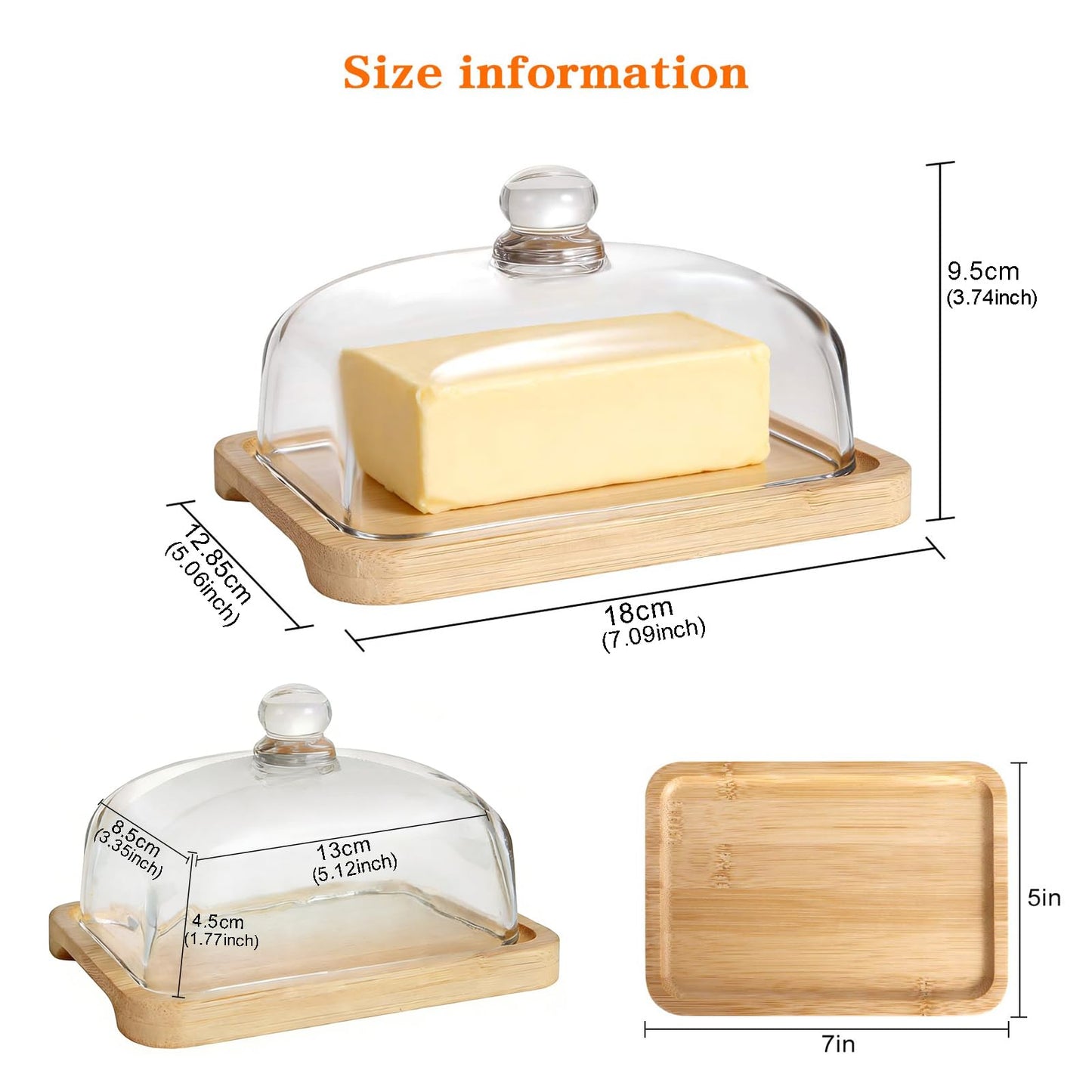 RingsTown‌ wide butter dish with glass lid with Easy-Grip Handle Lid & Natural Bamboo Base - Airtight Seal for Butter Storage Box for Kitchen Countertop and Dining Table to Keep Butter Fresh.