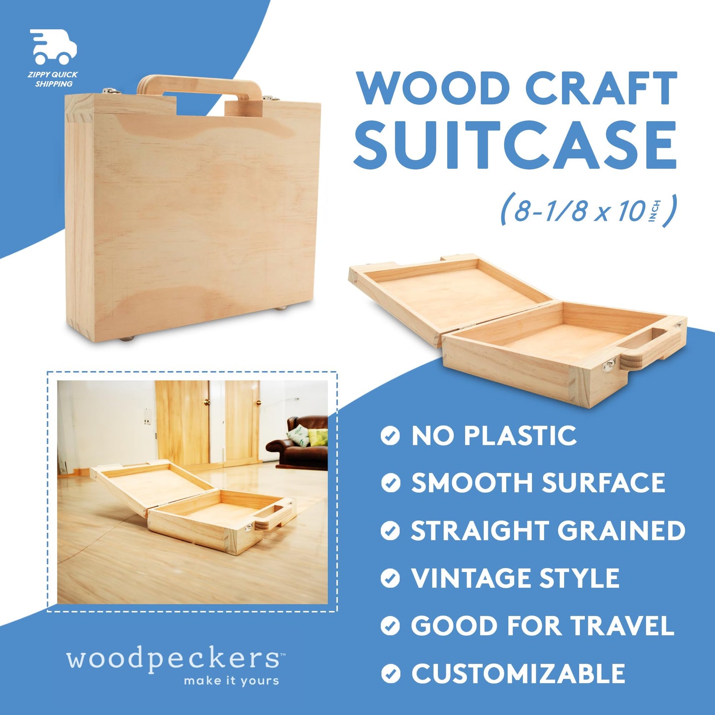 Woodpeckers Wood Suitcase 8-1/8 x 10 inch, Pack of 1 Unfinished Wooden Boxes for Crafts, Travel Friendly Memory Boxes for Keepsakes
