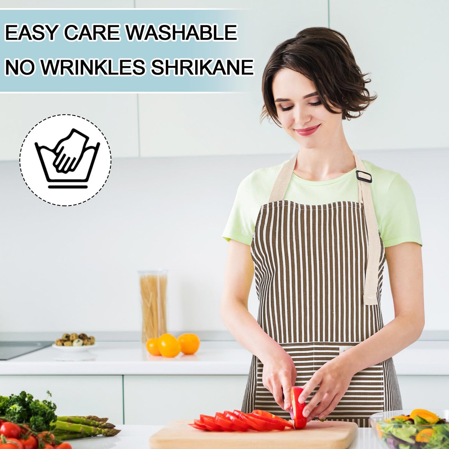 Janmercy 24 Pcs Aprons for Women Men with 2 Pockets Linen Cooking Kitchen Apron Adjustable Bib Chef Apron Bulk Aprons Unisex(Brown/blue,Thin Stripes)