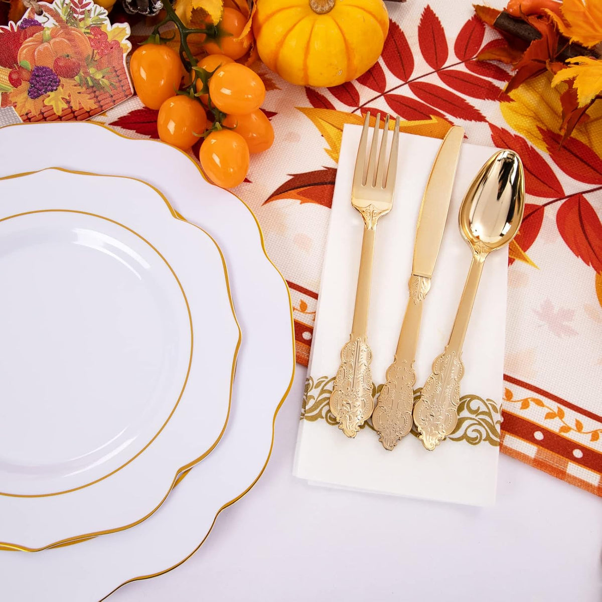 NOCCUR 175PCS Gold Plastic Plates with Disposable Silverware - White Gold Plastic Tableware Include 25 Dinner /25 Dessert Plates, 75 Cutlery, 25 Cups, 25 Napkins - Ideal for Fall Party&Thanksgiving