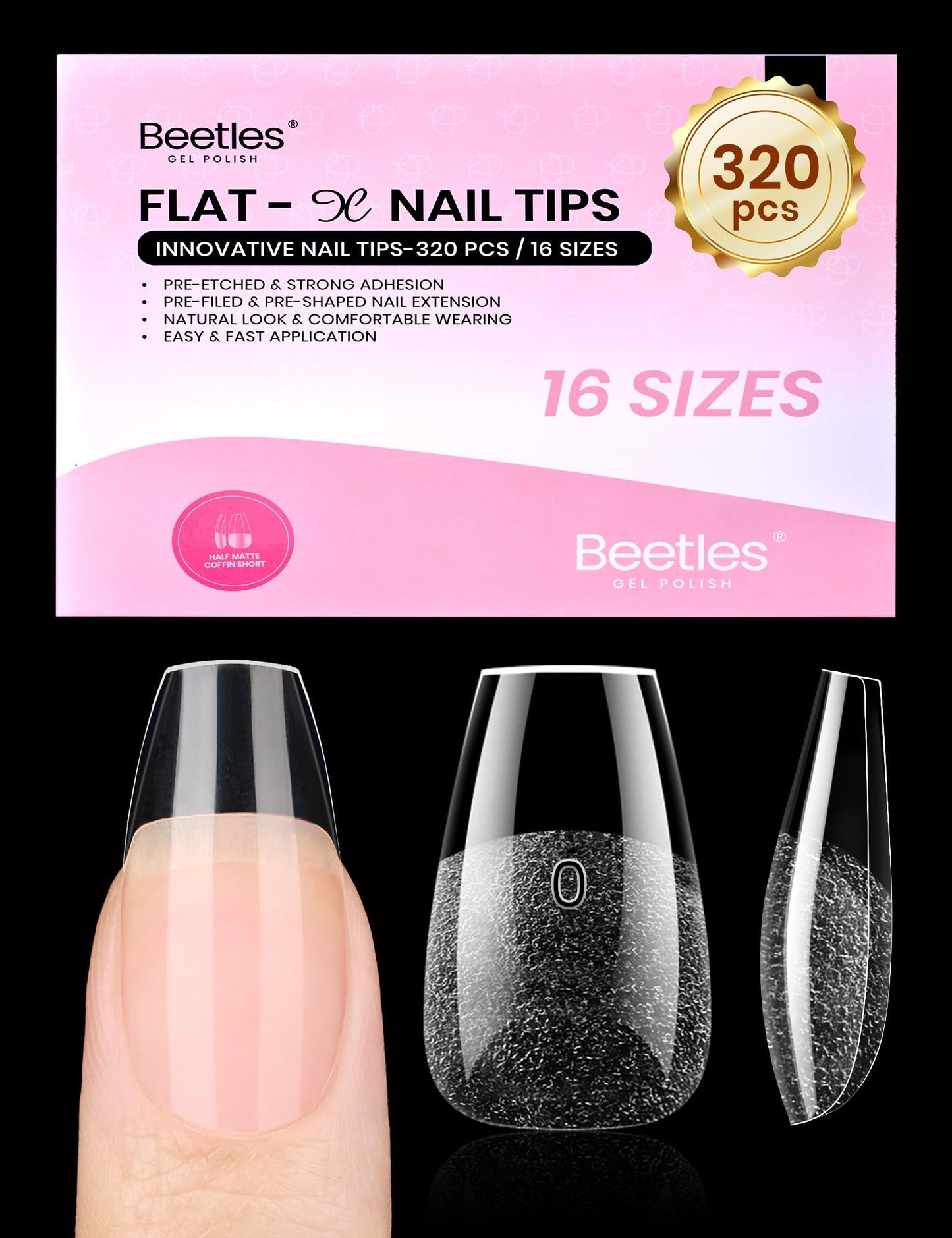 Beetles Gel Nail Tips Flat-X - Coffin Short, 320pcs 16 Sizes, Pre-Etched Half Matte Full Cover Soft Acrylic Press on False Nail Extension Tips Easy DIY Salon Art for Flat & Natural Nail Beds