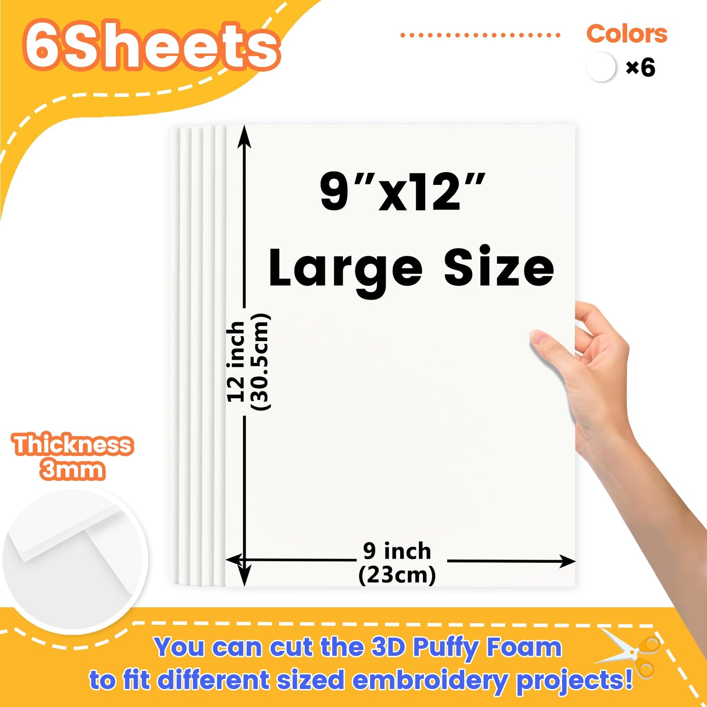 New brothread - 15 Options- 6PCS Embroidery Puffy Foam 9″x12″ Large Size 3MM Creating 3D Embroidery Effect for Caps, Garments, Jackets, Bags, Backpacks and More - White