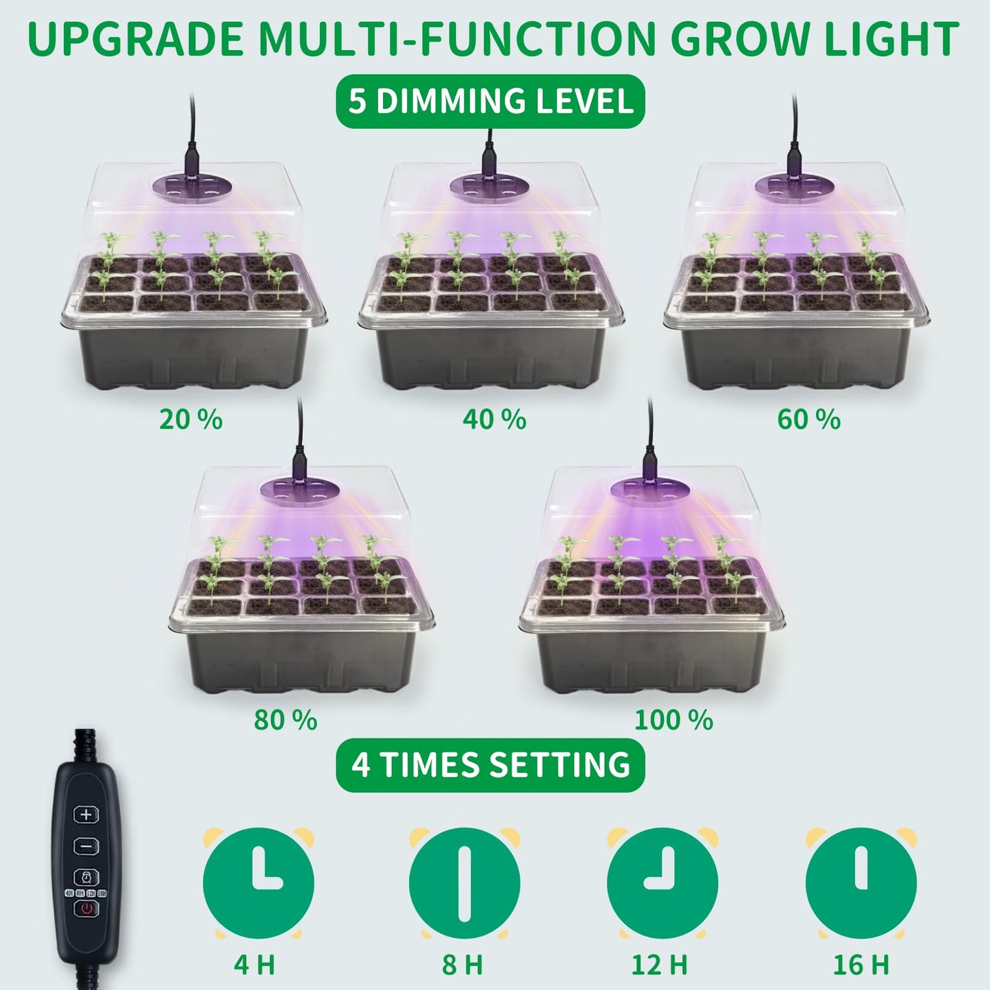 NAMOTEK 5 Pack Seed Starter Tray with Heat Mat and Grow Light Humidity Domes, 60 Cell Trays Germination Station Cloning Kit