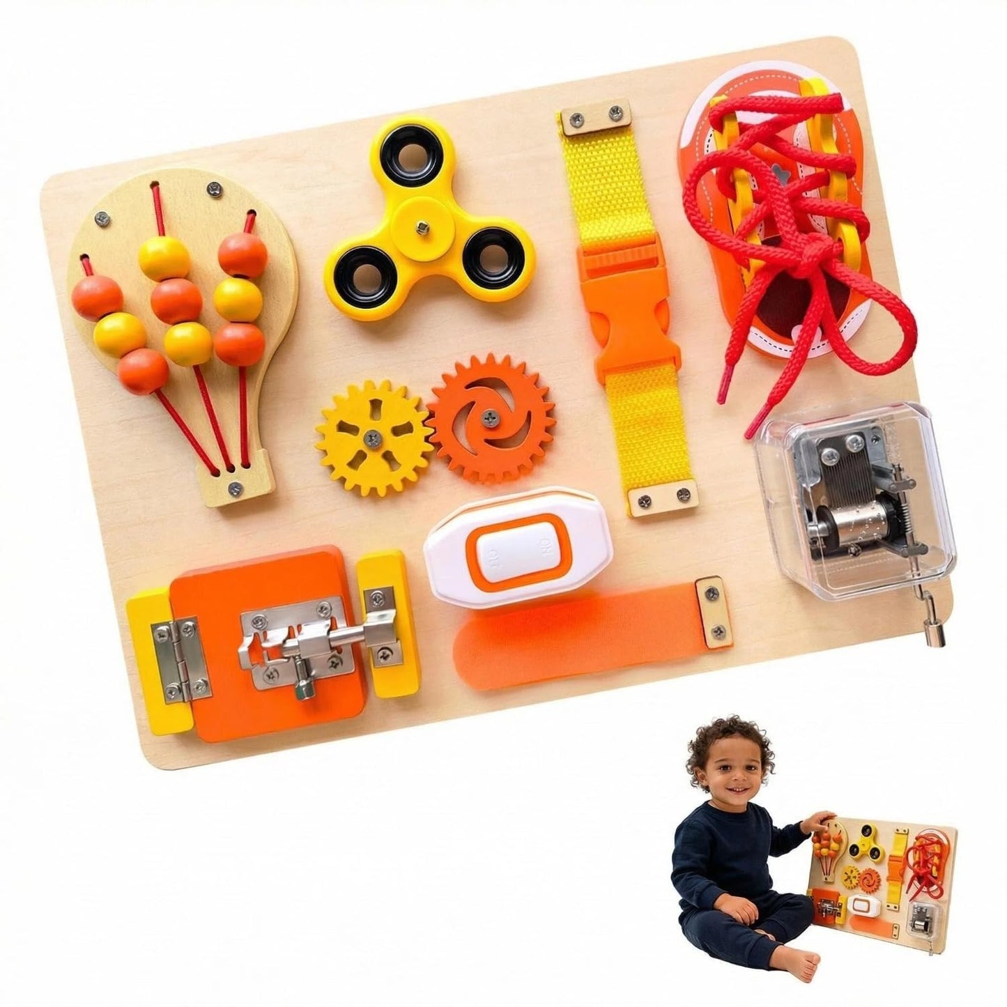 SEYTUFU Montessori Busy Board for Toddlers, Wooden Sensory Toys Autistic Children, Travel Toys for Educational Fidget Board with Switches & Music Boxes, Fidget Spinner, Locks for 3+ Year Kids Gifts.