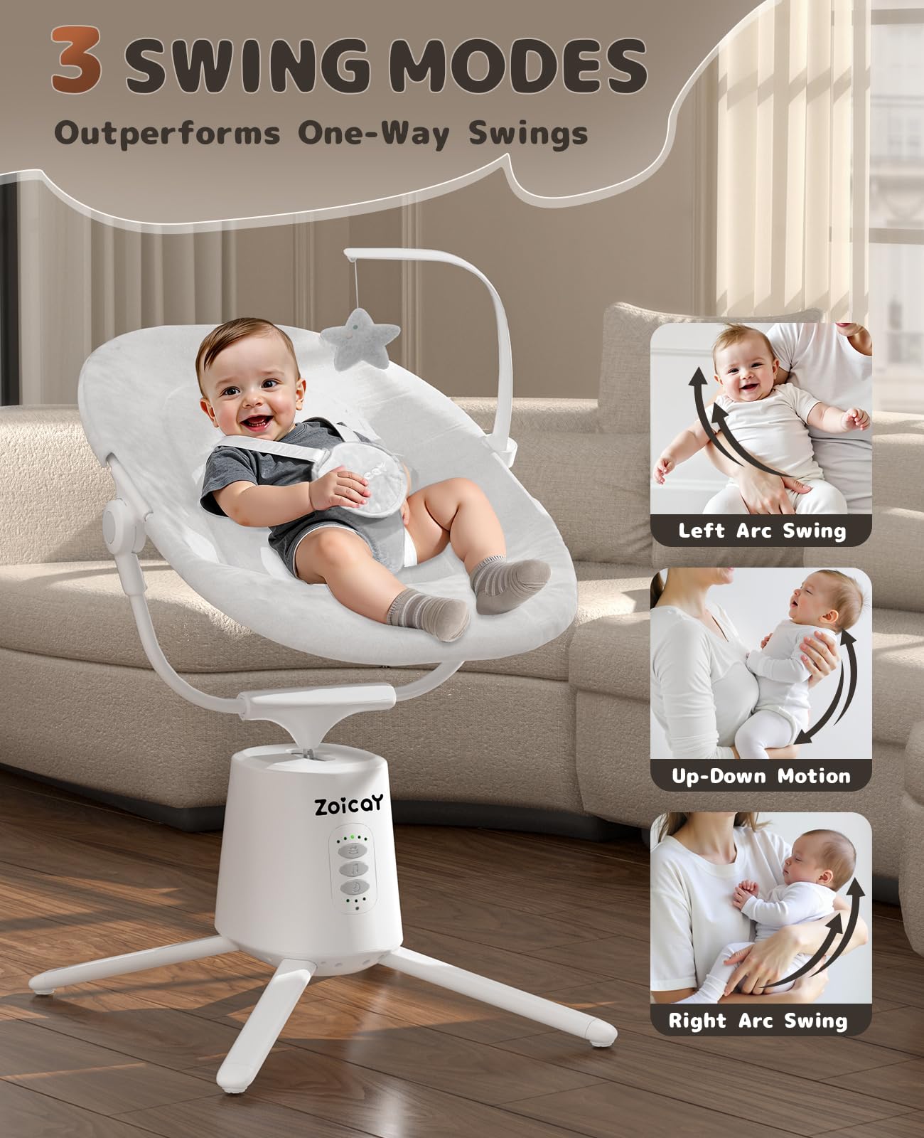 Zoicay Baby Swing,Baby Swings for Infants with 3 Modes & 5 Speeds, BT Enabled App & Remote Control, Electric Swing – 6 Lullabies and 3 Timer Setting, 2 Seat Positions and 5-Point Harness Swing (White)