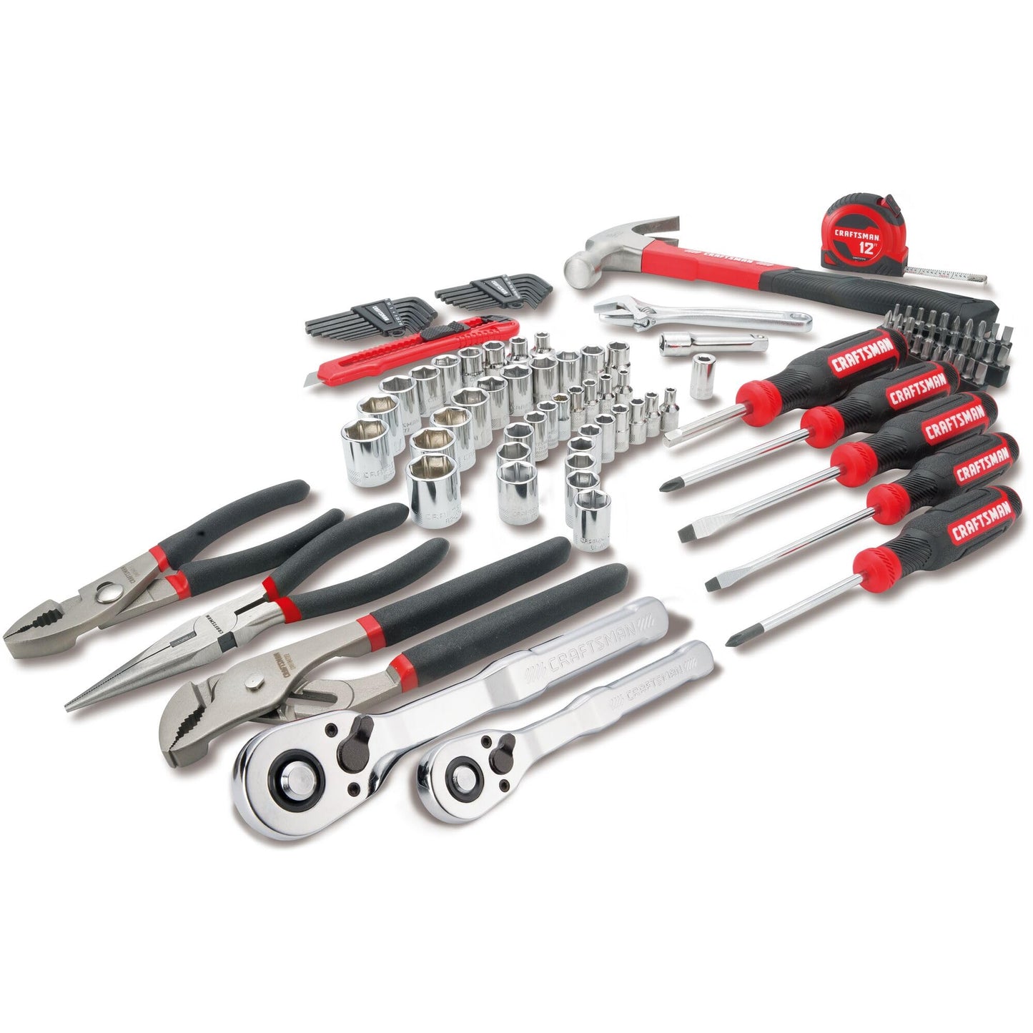 CRAFTSMAN 102-Piece Tool Kit for Home and Car, Durable Hand Tools Set with SAE and Metric Socket Set, Screwdrivers, Wrench, Hammer, Pliers, Knife, Hex Keys, Specialty Bits, Tape Measure (CMMT99449)
