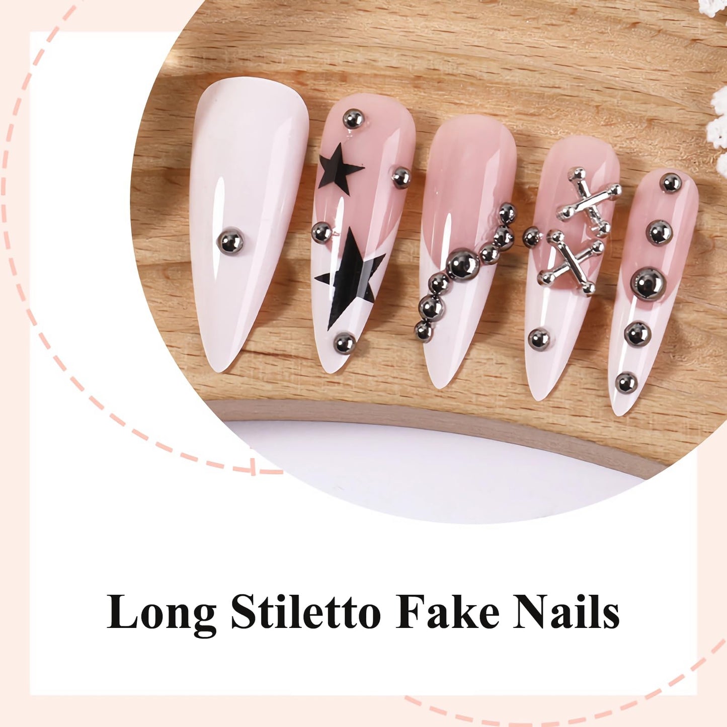 MISUD Press on Nails - Long Stiletto Fake Nails with White French Tip, Acrylic Goth Y2K Star Charms Design 24 pcs