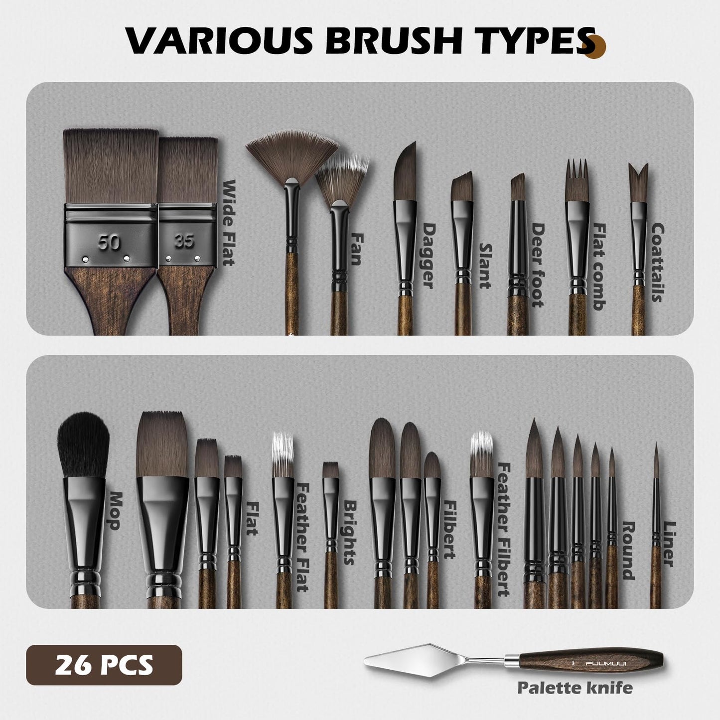 Fuumuui 26pcs Professional Paint Brush Set - High-Grade Series Synthetic Nylon Paint Brushes for Landscape, Acrylic, Oil, Watercolor, Gouache - Multi-Functional Universal Free Style for Art Supplies