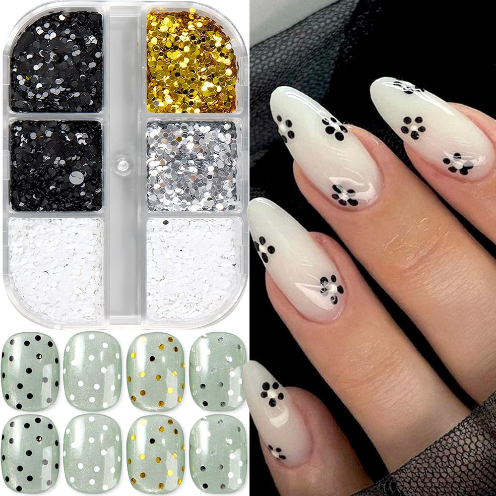 1 Box 6 Grids 3D Laser Mini Polka Dot Nail Sequins 1mm Tiny Dot Nail Glitter Flakes Black White Gold Silver Round Dots Paillettes Nails Charms Shiny Glitter for Nails Sequins for Crafts Manicure Decor