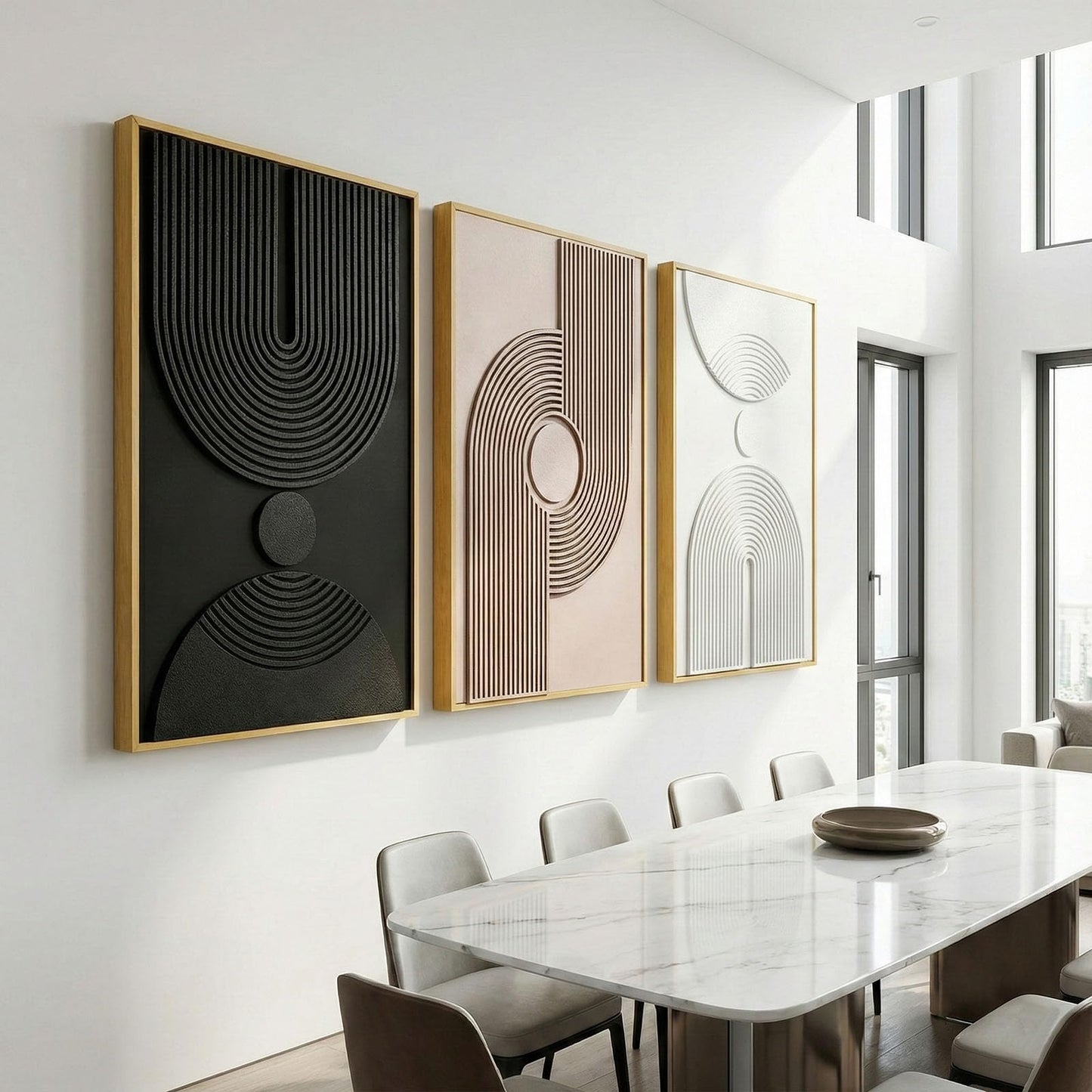 Framed 3D Textured Boho Neutral Abstract Wall Art for Bedroom, 3 Piece Mid Century Modern Artwork for Walls, Creamy White Brown Relief Sculptures for Diningroom Hallway Wall Decor 16x24 In