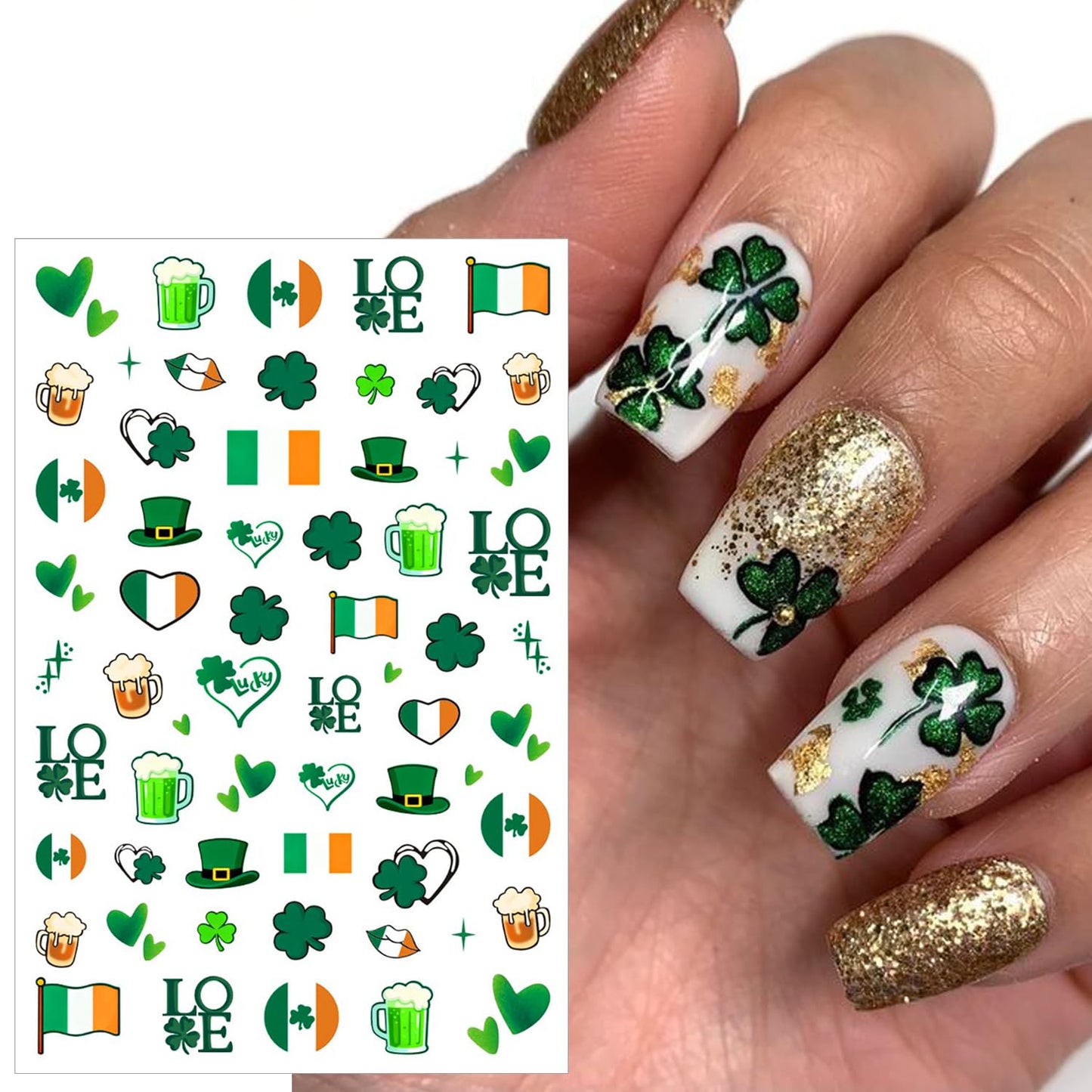 6Pcs St. Patrick's Day Nail Stickers Set Customized and Unique Irish Shamrock 3D Self-Adhesive Nail Decals Lucky Clover Four Leaf Design Green Shamrock Sticker for Saint Patricks Day Nail Decoration