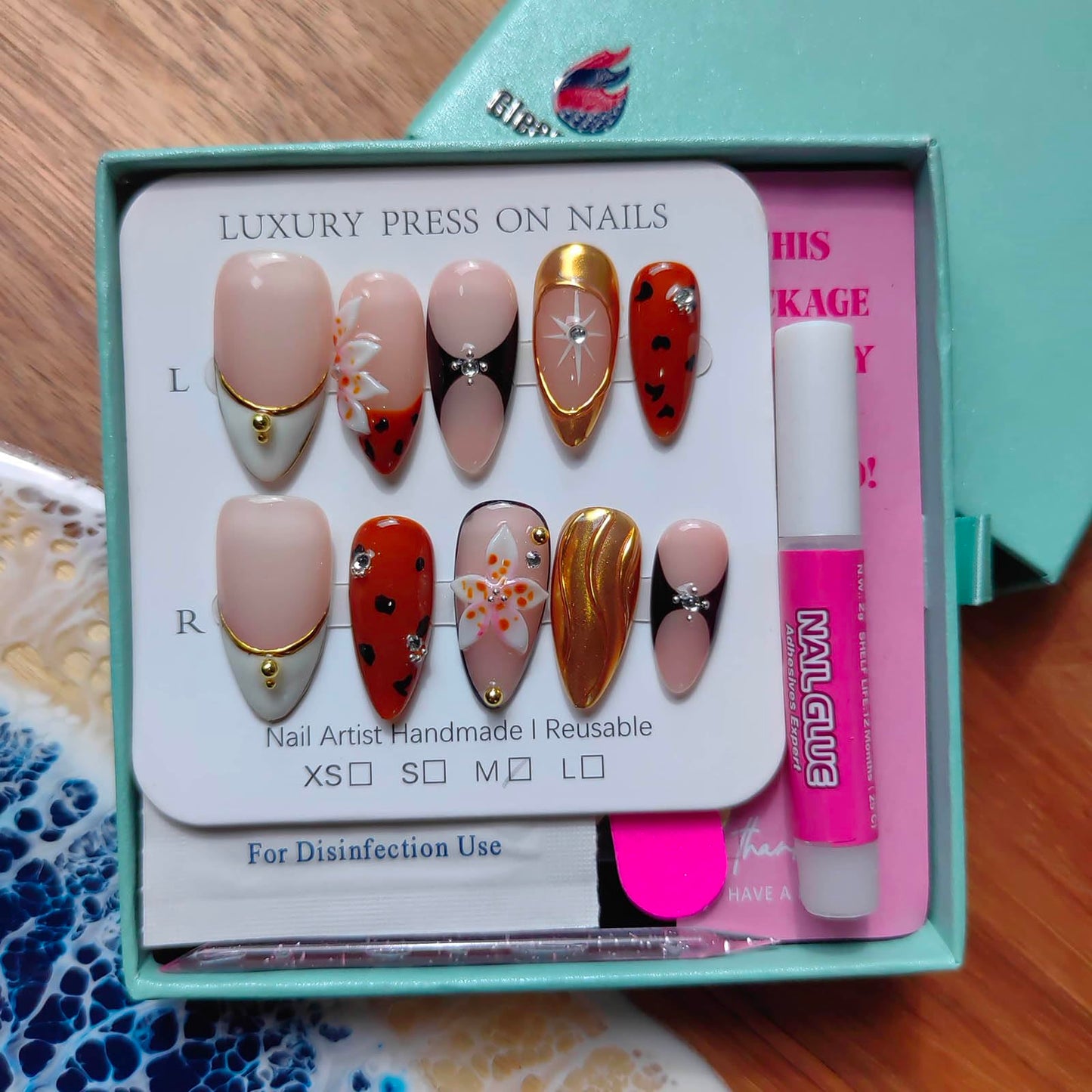 Gleamrain Handmade Press on Nails Almond Shape M Size/Gleamrain Luxury Medium Hand Made Nails with Design for Women 10Pcs by P06