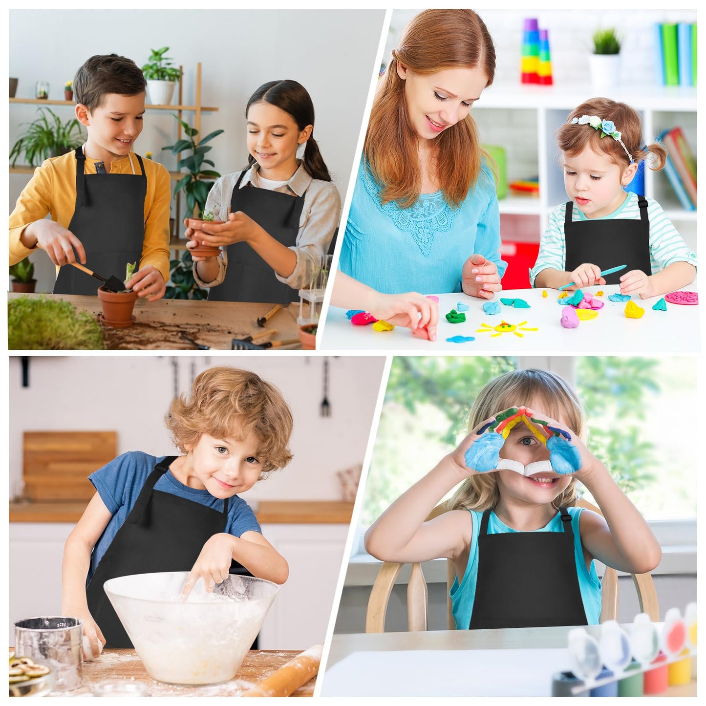 Morcheiong 12 Pack Adjustable Kids Apron Bulk with 2 Pockets Toddler Apron Kids Painting Aprons for Cooking Baking Painting Boys Girls (Black)