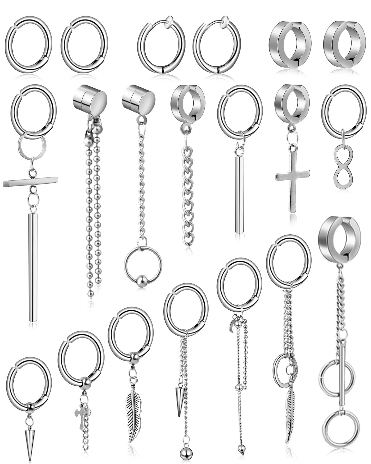 ONESING 20 Pcs Clip On Magnetic Earrings - Dangle, Hoop, Sterling Silver Stainless Steel Non-Pierced Fake Earrings