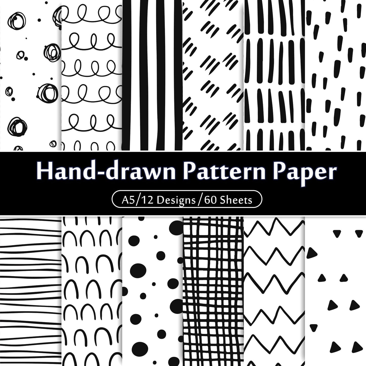 Whaline 60 Sheet Black & White Doodle Pattern Paper A5 Size Hand Drawn Squiggles and Dots Scrapbook Paper Double-Sided Minimalist Craft Paper for DIY Card Making Supplies, 12 Designs