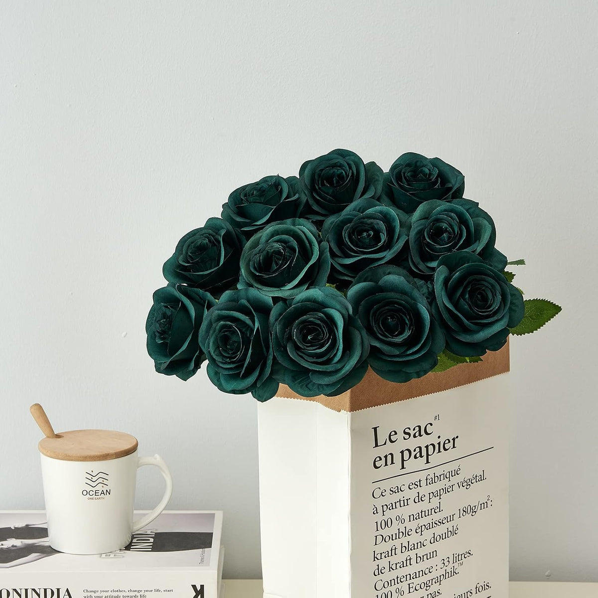 12PC Peacock Green Roses Artificial Flowers Fake Roses Silk Flowers Roses with Long Stems for Wedding Home Party Centerpieces Decorations
