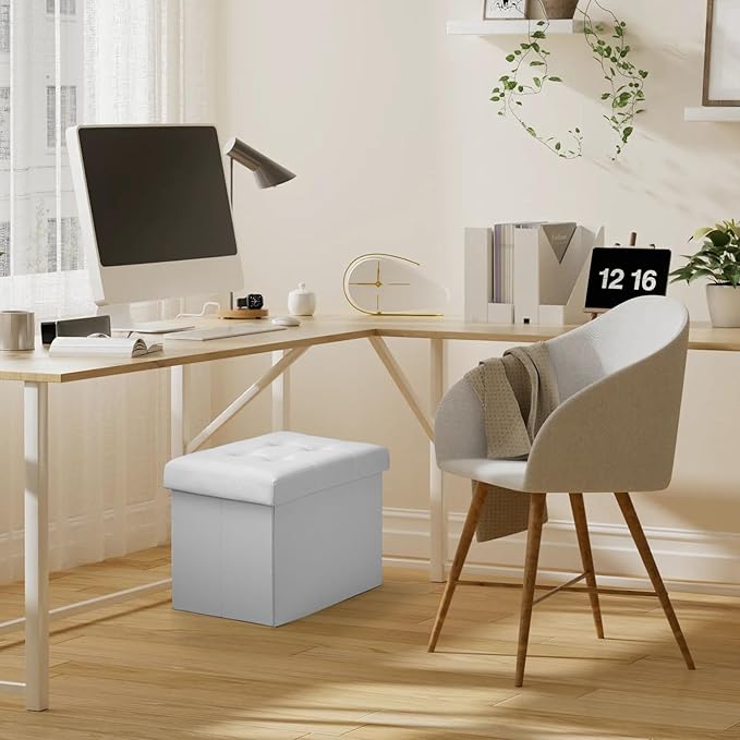 Folding Storage Ottoman, Foot Stool with Thicker Foam Padded Seat Small Leather Storage Ottoman Bench Foot Rest for Living Room Foldable Coffee Table 17x13x13in,White