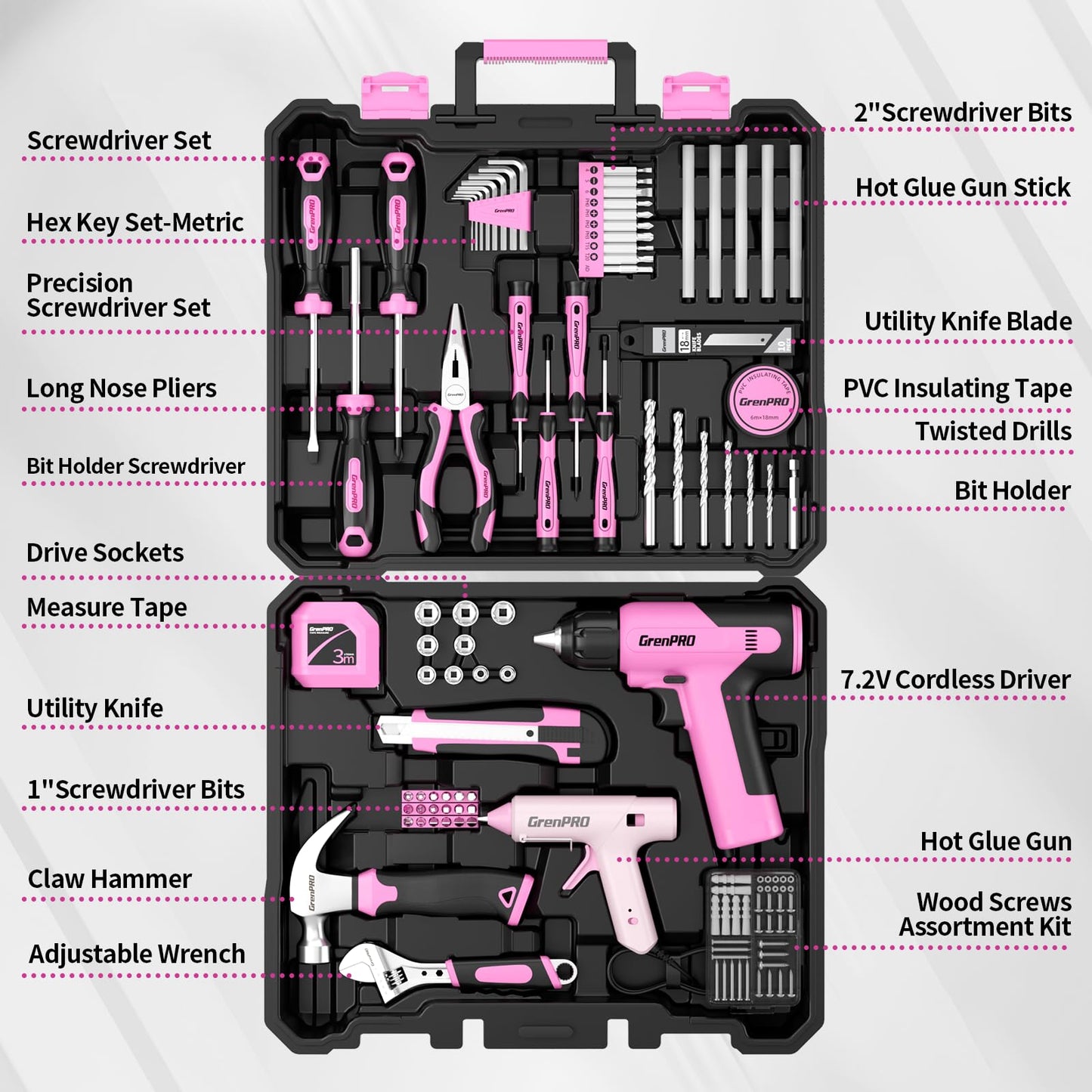 GRENPRO Pink Tool Set Drill Set, 188PCS Tool Kit For Home with Pink Cordless Drill Power, Hand Tool Kit for Women, Basic Household Auto Car Repair Tool Box for Men, Portable Storage Box Tools Sets