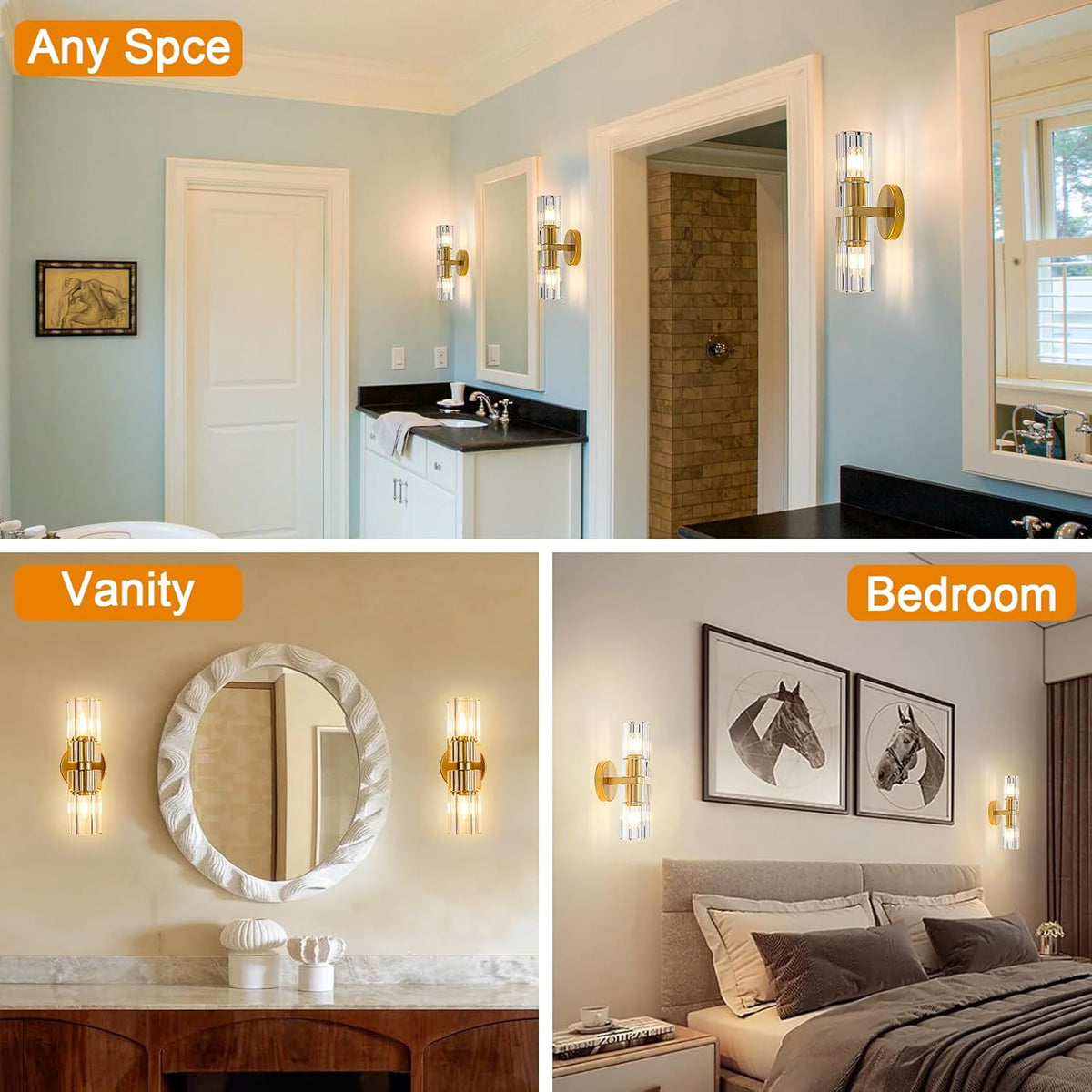 Gold Crystal Wall Sconces Set of Two, Wall Sconce Set of 2, Brass Sconces Wall Lighting with K9 Crystal Lampshade, Wall Lights for Bedroom Living Room Bathroom Hallway