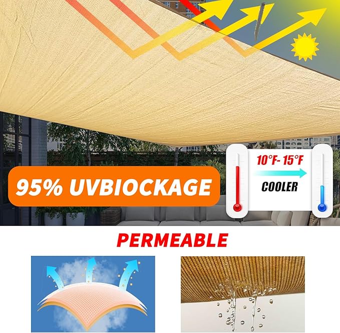 8'x8' Sun Shade Sail Curved Commercial Outdoor Shade Cover Dark Grey Rectangle Heavy Duty Permeable 185GSM Outdoor Shades for Patio Garden Sandbox