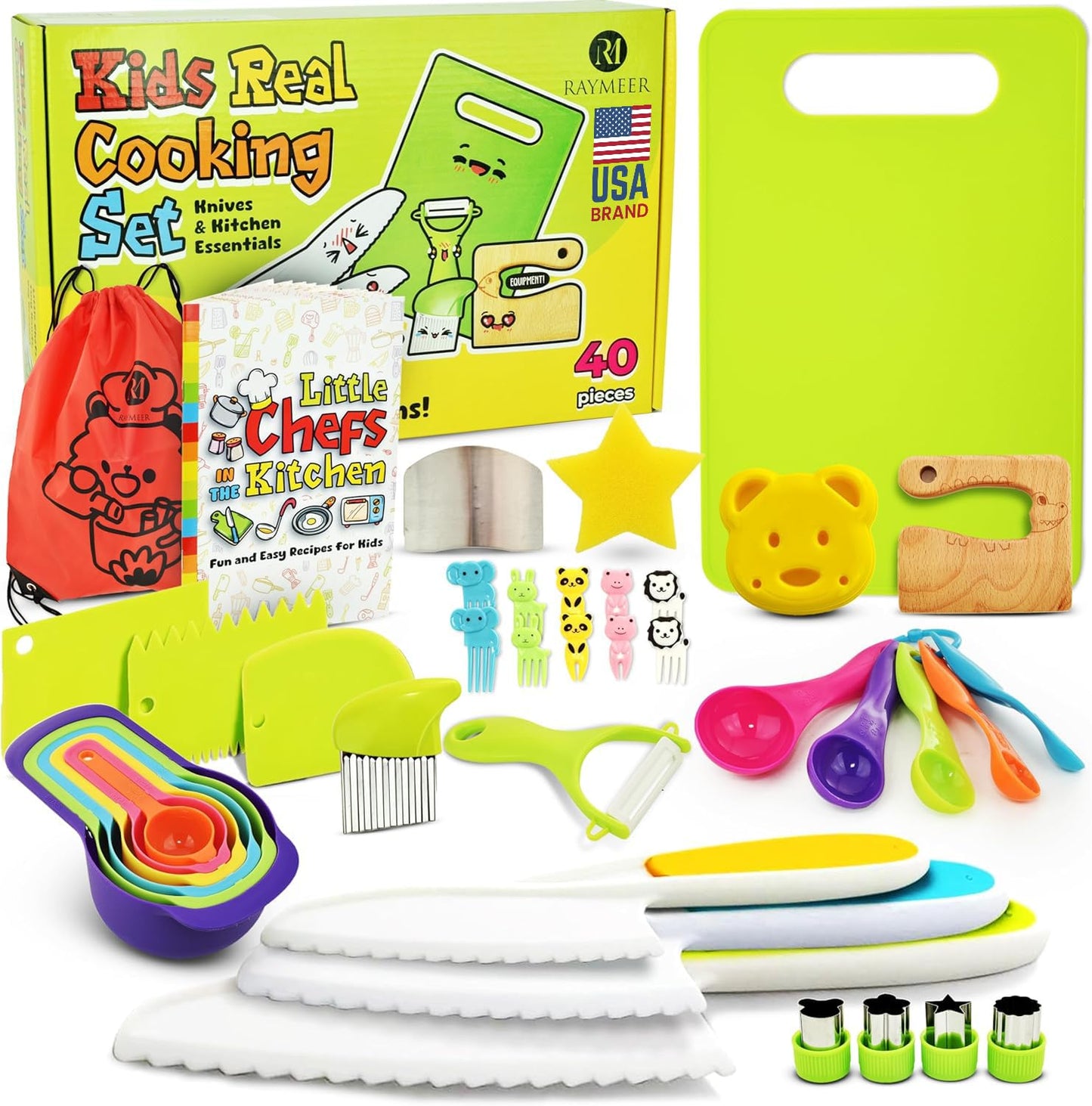 40-Pcs Kids Knife Set for Real Cooking, Toddler Cooking Set Montessori with Recipes Book, Toddler Kitchen Tools for Cooking, Kids Cooking Sets Real - Cutting Board and Knife Set