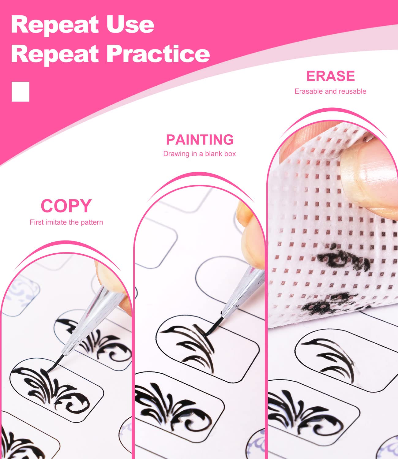 Nail Art Book Design Practice With 3pc Rose Gold Nail Liner Pen 360pcs Nail Wipes Lines Drawing Painting Template Learning Book Manicure Tools For Beginner (white)