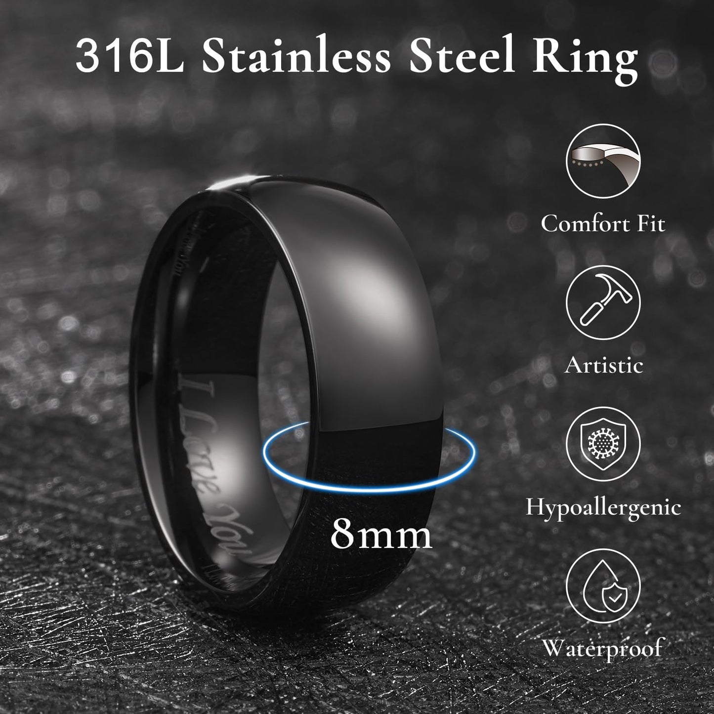 King Will 316L Stainless Steel Wedding Band for Men Women-8mm Width Basic Black Wedding Ring Laser I Love You, High Polished Dome Style Promise Ring Comfort Fit Size 11