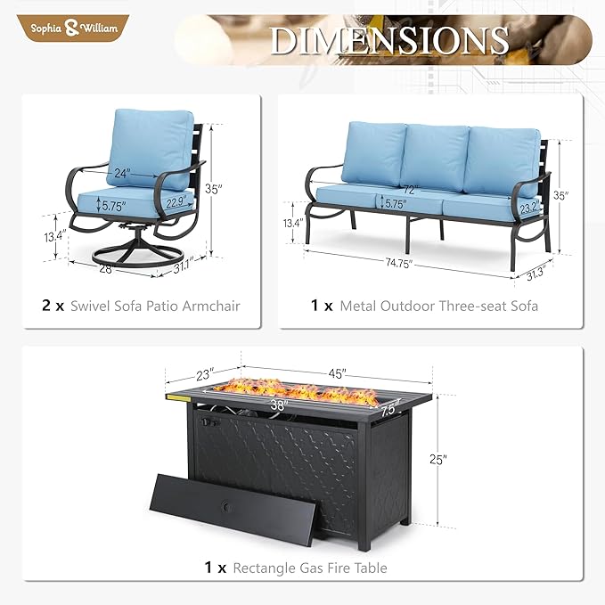 Sophia & William Patio Furniture Sets with 45" Gas Fire Pit Table Outdoor Metal Conversation Sets for 5, 2 x Swivel Cushioned Patio Sofa Chairs, 1 x 3-Seat Sofa 4 Pieces for Lawn Backyard Blue