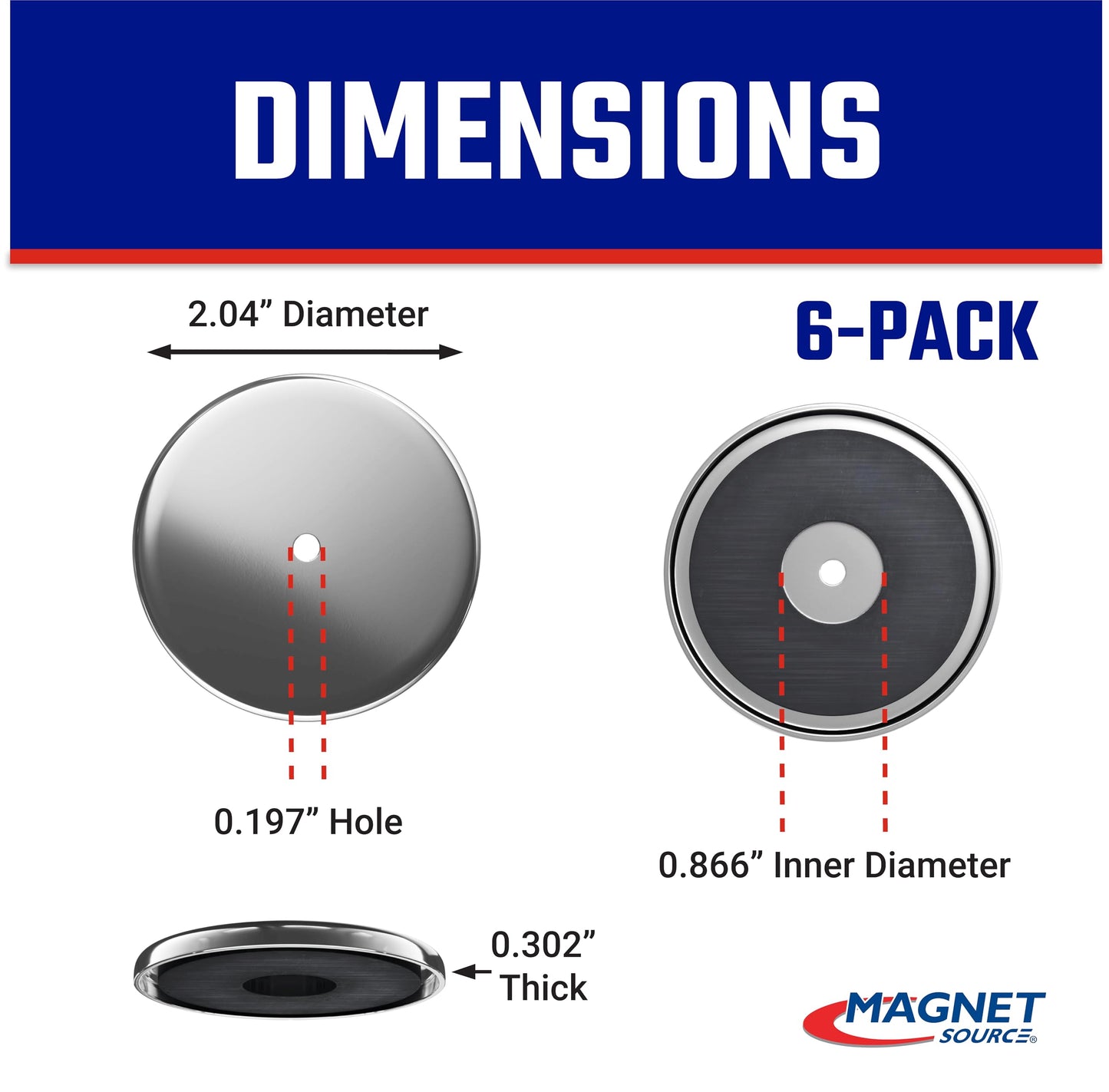 Master Magnetics Ceramic Round Base Magnet Pack - Heavy-Duty Strong Magnets - 35 lb Pull Each - for Indoor and Outdoor Use - Chrome-Plated - 2.04" Diameter - 0.197" Hole - 0.302" Thick - 6-Pack
