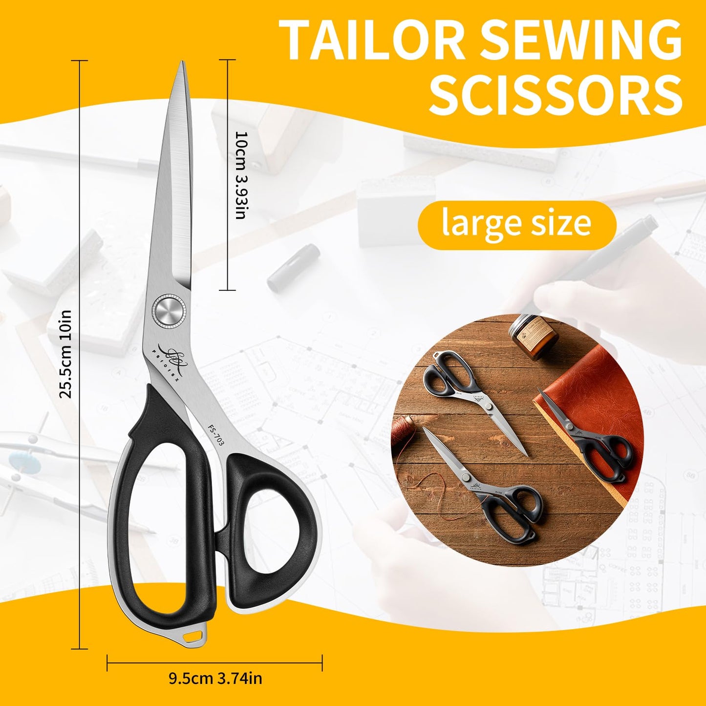 Fabric Scissors Tailor Sewing Shears Heady Duty Multi-Purpose Integral Molding Scissors for Fabric Cutting Leather Dressmaking Comfort Grip Professional Sharp Cloth Scissor (10inch)