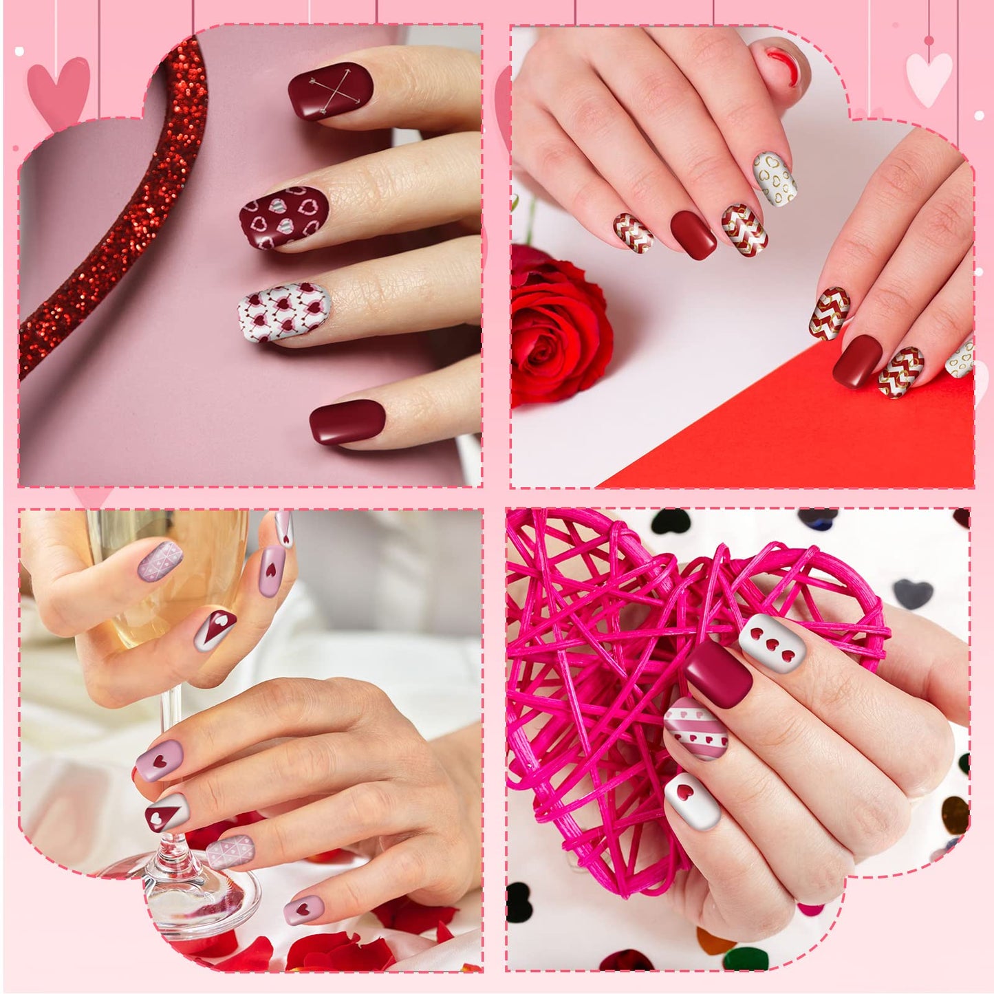 384 Pcs 16 Pack Valentine‘s Day Press on Nails Short Fake Nails Square False Nails Artificial Nail Full Cover Coffin with Rose Pink White Pattern for Women Girls (Romantic Pattern)