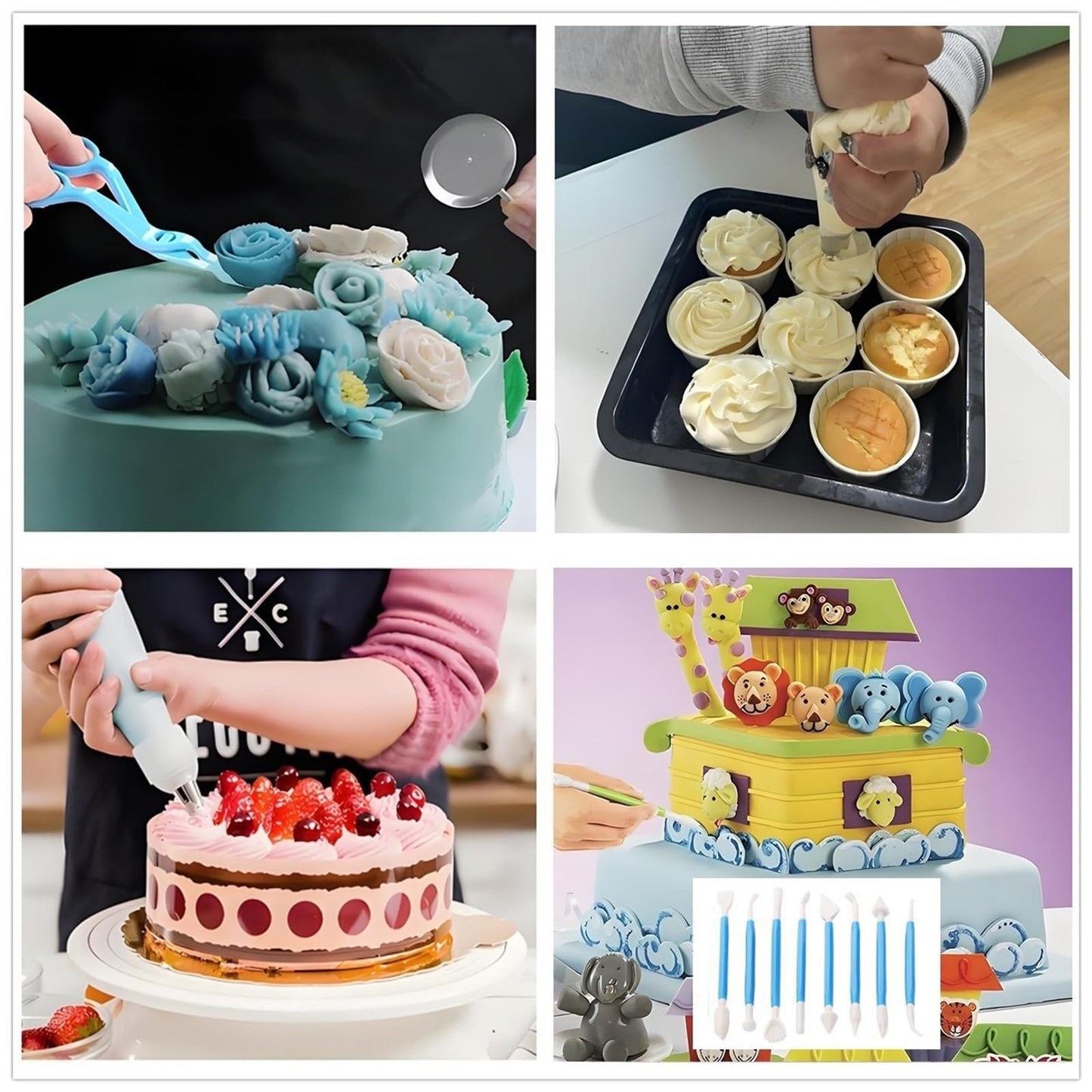 ANSLYQA Cake Decorating Kit, 340 Pcs with Cake Turntable, Leveler, 55 Numbered Icing+Skirt Tips, 2 Spatulas, 3 Scrapers, 2 Couplers, 100 Pastry Bags, 100 Cupcake Liners & More Baking Tools, (Blue)