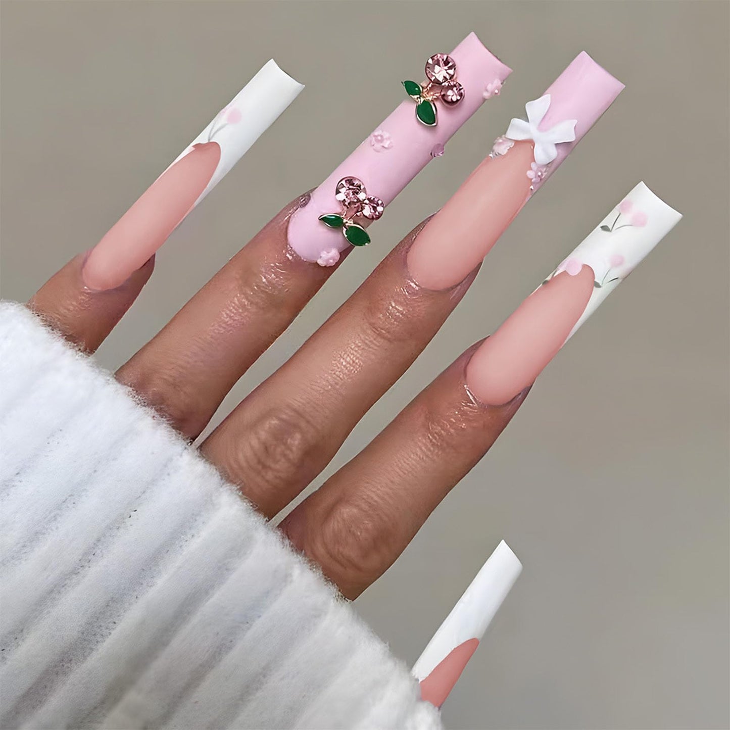 IMRAIN Press on Nails Extra Long Square Fake Nails Pink Cherry Charms False Nails with Designs French Tips Matte Full Cover Bow Flower Cute Stick on Nails for Women 24Pcs