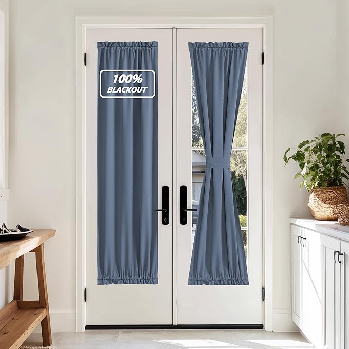 NICETOWN 100% Blackout French Door Curtains, Privacy Door Curtains for Window, 25 X 72 Inch Long Room Darkening Blinds, Thermal Insulated Window Shades for Bedroom, 1 Panel, Stone Blue