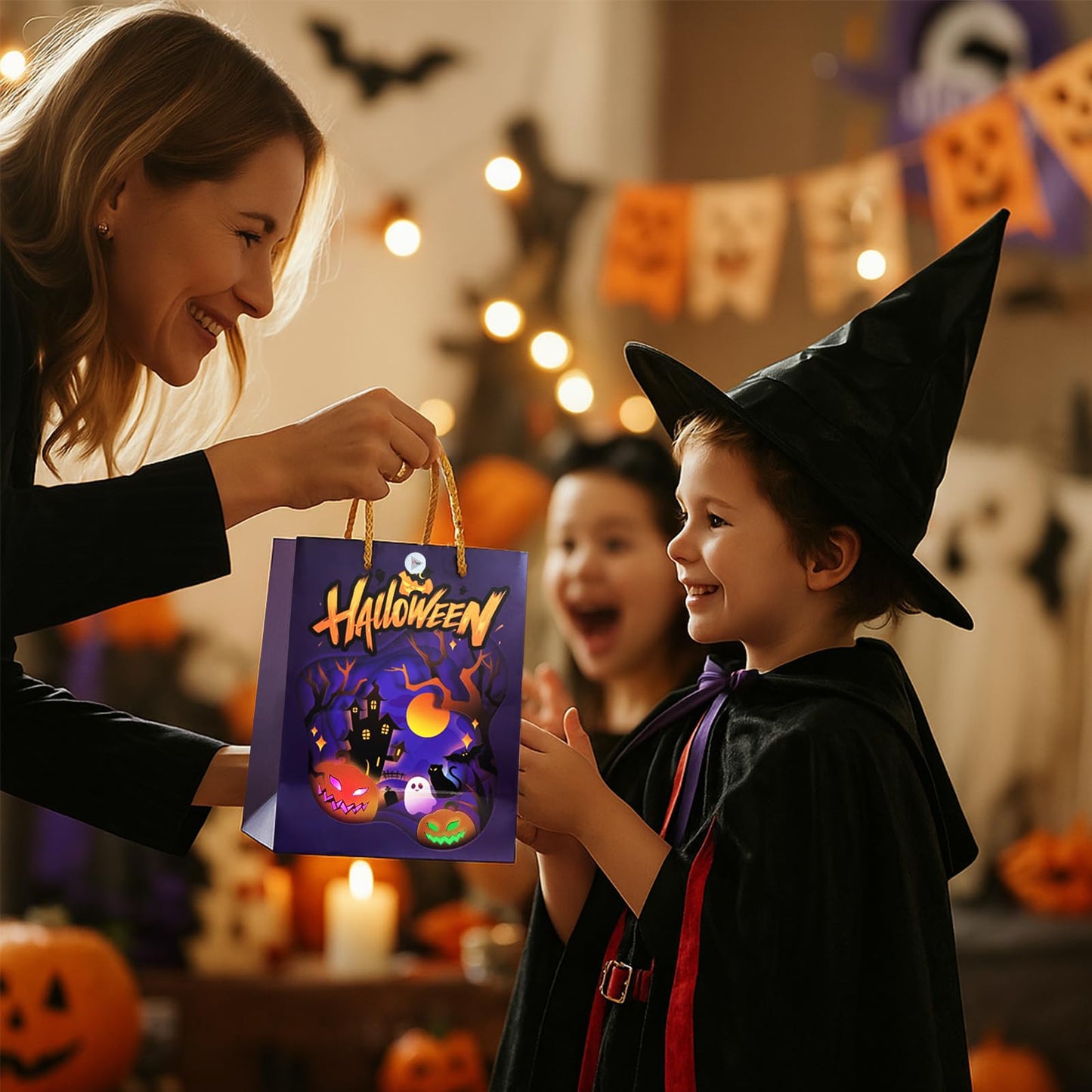 popgiftee Halloween Party Gift Bag Light Fireworks and Cheer Music Treat Bags with Shopping Handle,7.87x3.94x10inch