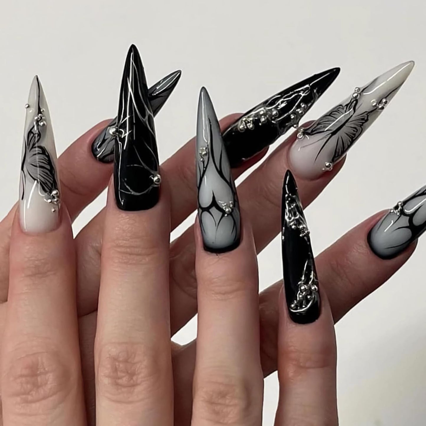 MISUD Press on Nails - Long Stiletto Glue on Nails with Goth Black, Acrylic Gothic Butterfly Design 24 pcs