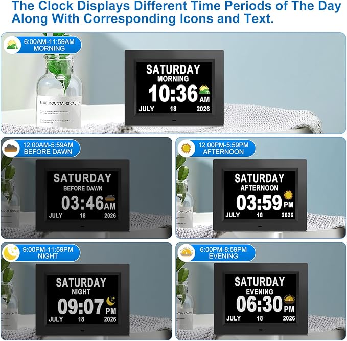 SSINI Dementia Clock Large Digital Calendar for Seniors with Date and Time - Elderly Digital Clock Large Display, 12 Custom Alarms (8 Inch)