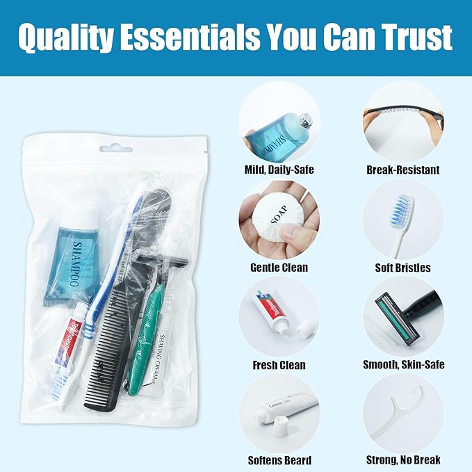 30 Pack Hygiene Kits for Homeless in Bulk, 8-in-1 Personal Toiletry Kit Individually Packed with Toothbrush, Toothpaste, Comb, Flossers,Shampoo, Soap, Razor & Shaving Cream