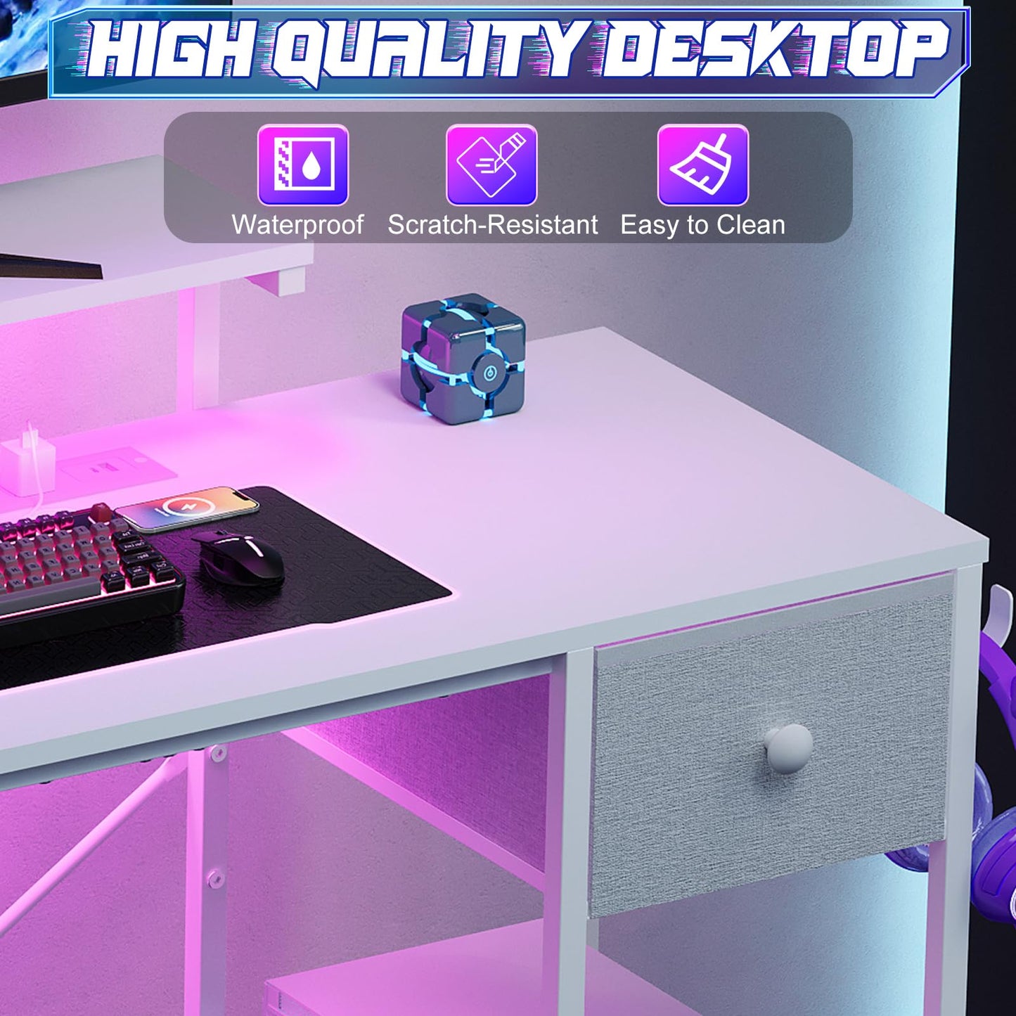 X-cosrack 33.5" Small Gaming Desk with LED Lights & Power Outlets, Compact Computer Desk with Monitor Stand & CPU Stand, Gamer Table with Storage Drawer, Side Hooks for Home Office, Bedroom, White