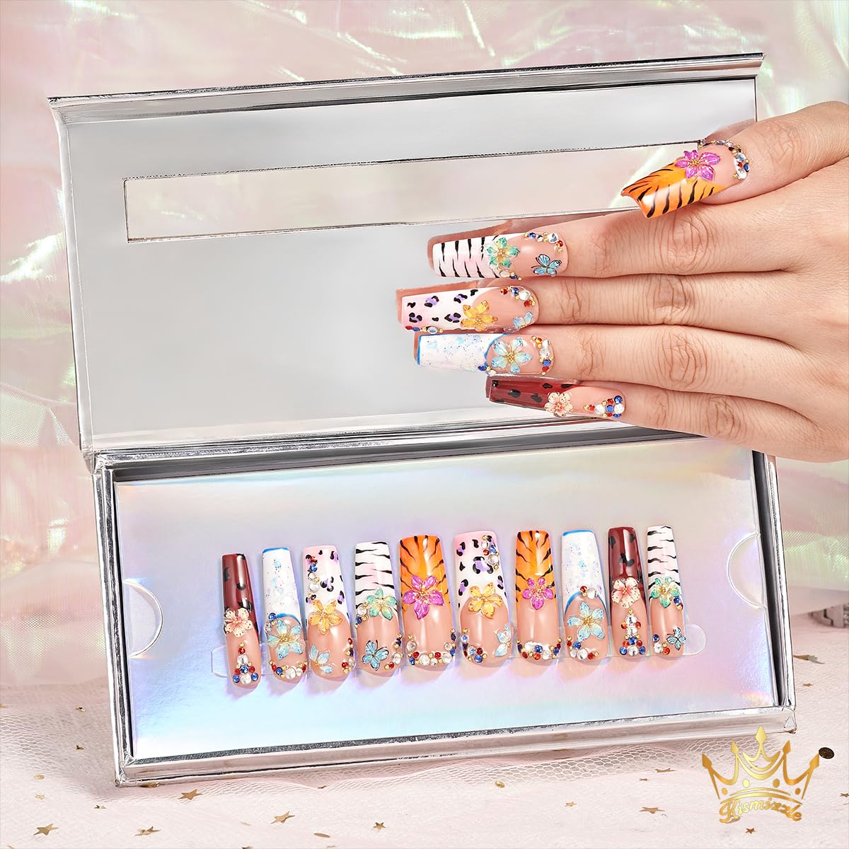 Kismizzle Press On Nails - Nile Fierce | Handmade Acrylic Long Square Nails with Animal Print, 3D Flowers & Rhinestones | Reusable 10PCS Nail Kit, Multicolor (Multicolor, Long)