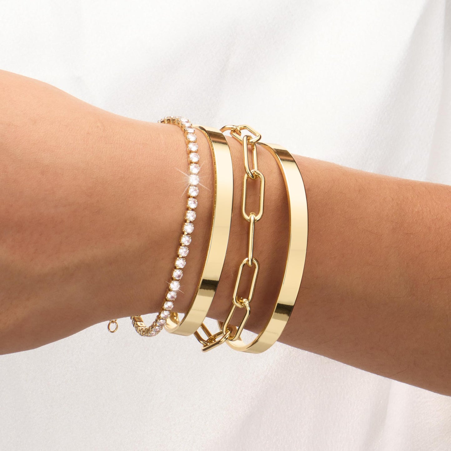 Reoxvo Gold Tennis Bracelets Stack for Women Double Dual Gold Bangle Cuff Bracelets for Women