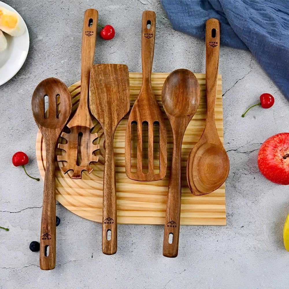 NHAF Wooden Utensils for Cooking, Premium Teak Healthy Spoons, Wooden Spoons for Cooking, Durable Eco-Friendly and Safe Teak Cooking Spoon, Cooking Gifts for Mom (set of 6) and Hooks
