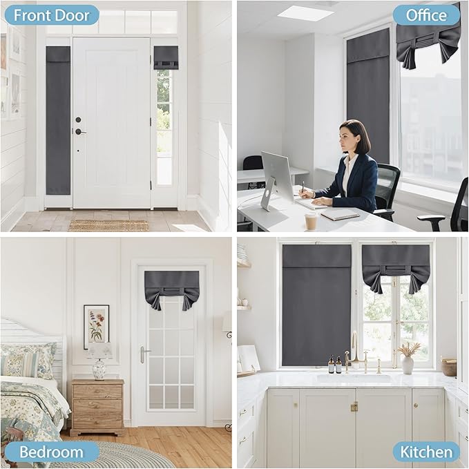 RYB HOME Blackout French Door Curtain - Privacy Thermal Insulated Window Shades for Patio Kitchen Front Entry Back Door Glass Window, Self Adhesive No Drill, 1 Panel, 12" W x 72" L, Grey