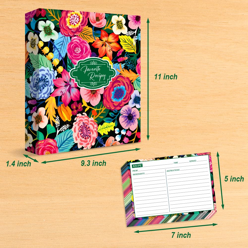 3 Ring Recipe Binder, 8.5x11 inch 3 Ring Recipe Binder Kit with 50 Plastic Sleeves Protectors, 100 Packs 5x7 inch Recipe Cards & 8 Category Divider Tabs, Organizer Set Blooming Flowers Design