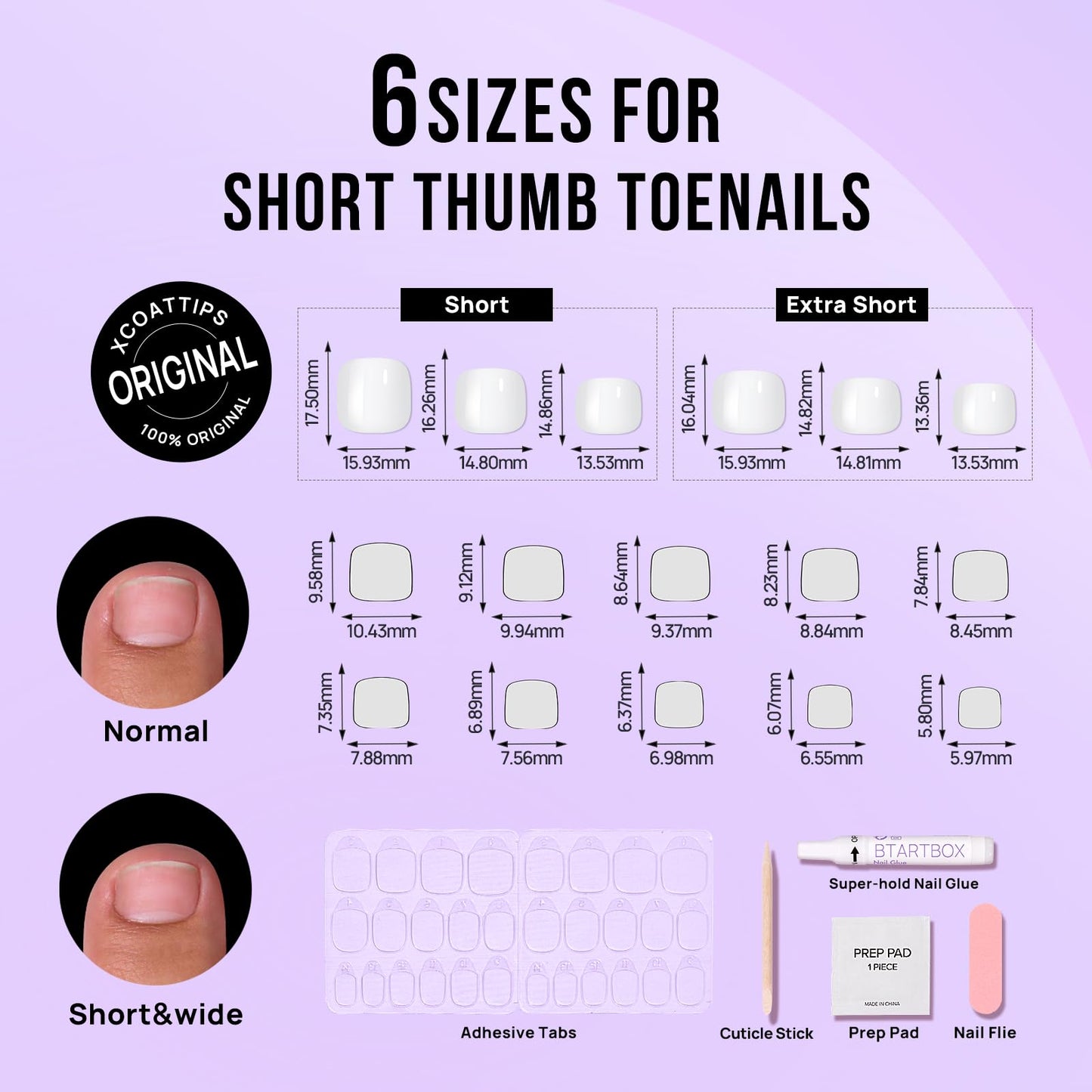 BTArtbox Press on Toenails Short, Pure Chic with Champ Set