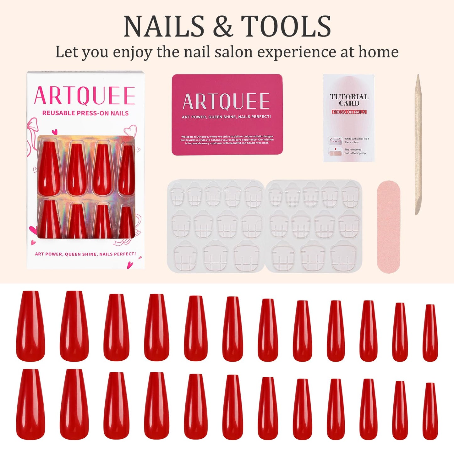 Artquee 2 Pack Set 1 Red Long Coffin Press on Nails Kit & 1 Pink Long Coffin Press on Nails Kit
